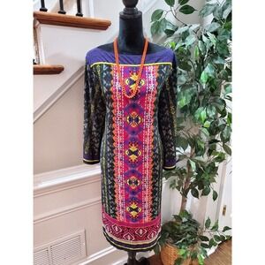 ILE Women's Multicolor Polyester Boat Neck Long Sleeve Knee Length Dress Size 18
